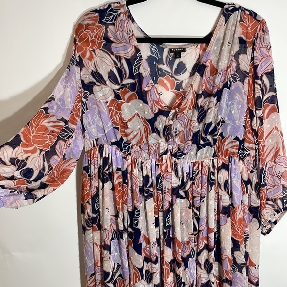 Torrid size 2 NAVY FLORAL SWISS DOT BUTTON DOWN TEA LENGTH DRESS - Picture 11 of 12